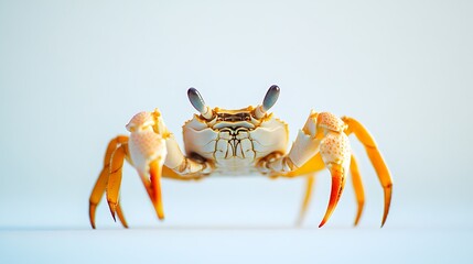 A crab with one claw raised as if in a defensive position, isolated on a bright white background