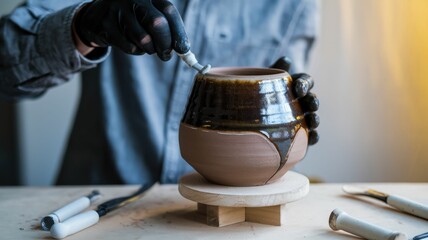 A person using a tool to decorate a pottery piece on a workbench, showcasing the artistry involved in ceramic crafting.