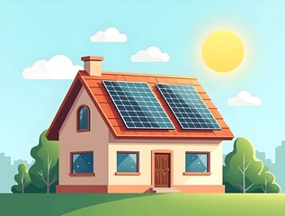 illustration of a sunny day with a small house with a red roof and solar panels. The house has a door and a window.