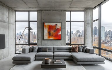 Modern living room with city view, concrete walls, gray sectional sofa, and abstract art.