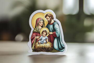 Flat cutout vector sticker of the holy family - mary, joseph, and the infant jesus - in the stable, isolated on white background. © Infinity Lens