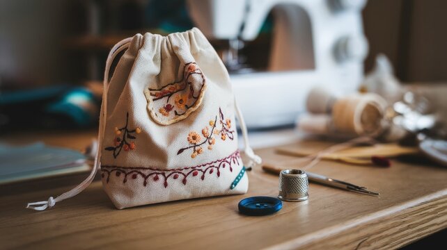 A handcrafted embroidered bag sits on a wooden table, surrounded by sewing supplies, showcasing a cozy crafting environment.