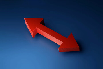 A vibrant 3D-style arrow with dual arrowheads pointing in opposite directions, set against a deep blue backdrop. For decision-making concepts.