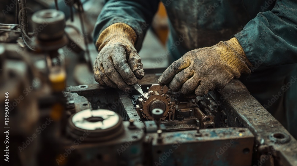 Poster close-up of a worker's hands adjusting a machine gear