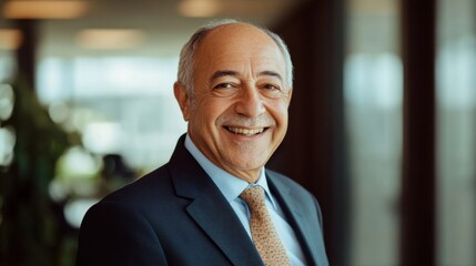 Fototapeta premium Senior businessman smiling at the camera in an office environment, representing success and leadership
