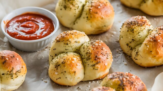 Warm garlic knots brushed with butter and sprinkled with parmesan cheese, served on parchment paper with marinara sauce