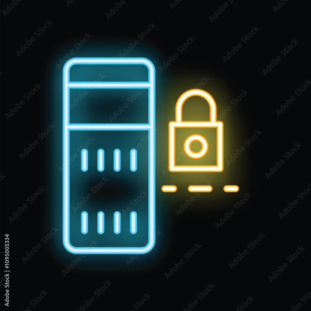 Poster neon server icon secured with a padlock representing data protection and network security