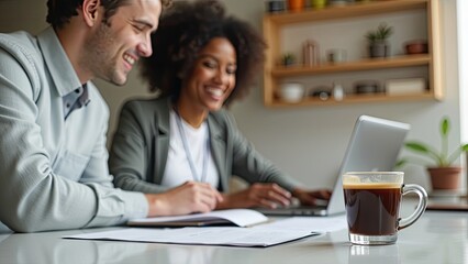 Two professionals engage in a collaborative work session with coffee at a modern workspace