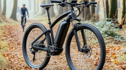 Fototapeta premium Electric Mountain Bike Parked On A Forest Trail, Embracing The Thrill Of Off-Road Adventures.