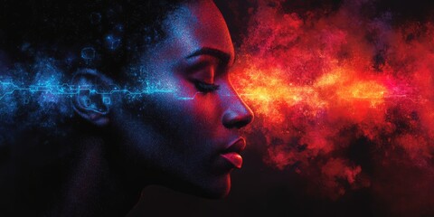 In a moment frozen in time, a woman's profile emerges from a backdrop of vivid red and blue hues, symbolizing the complexity of thoughts and feelings