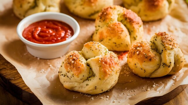 Warm garlic knots brushed with butter and sprinkled with parmesan cheese, served on parchment paper with marinara sauce