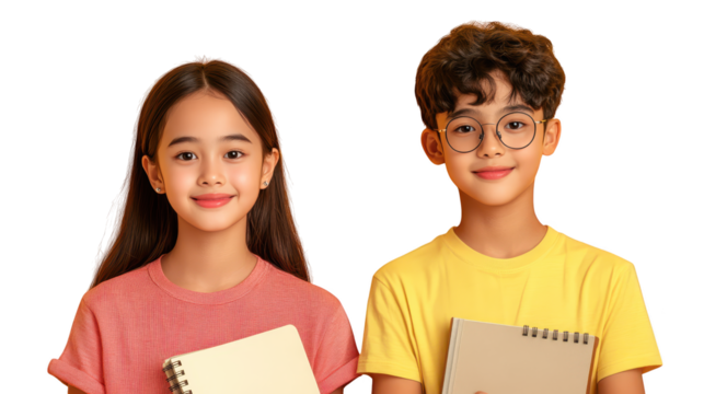 Two happy children with notebooks, smiles and enthusiasm for learning