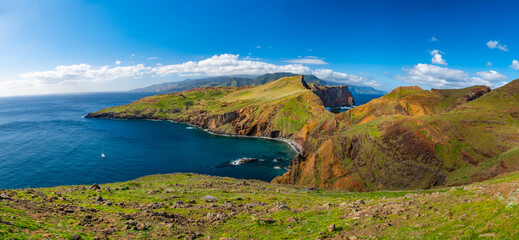 Ponta de Sao Lourenco Madeira Portugal. Scenic mountain view of green landscape, cliffs and...