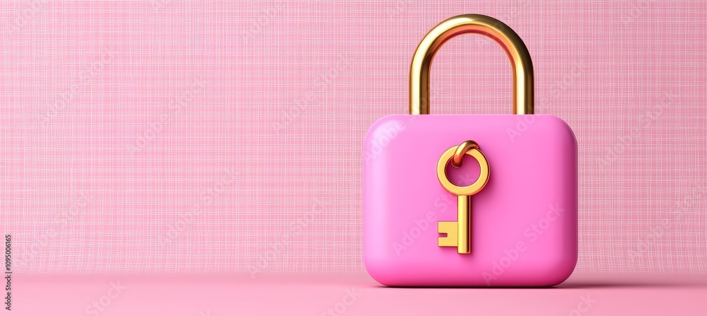 Poster a three-dimensional pink padlock with a key, indicating secure access to a safe. this isolated illus