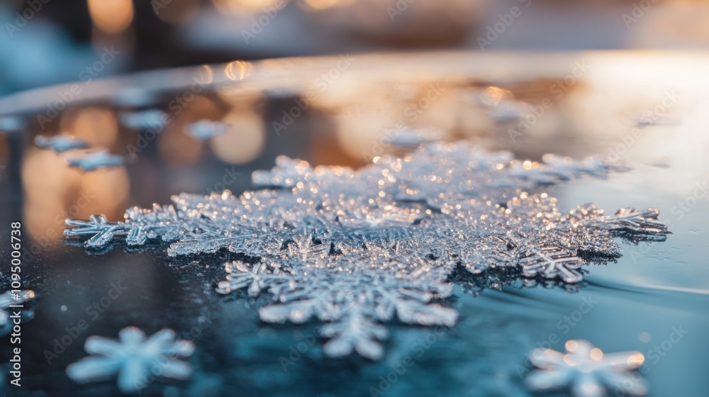 Poster Closeup of an intricate snowflake resting on a surface, illuminated by soft, warm light.