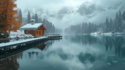 Obraz premium A picturesque snow-covered cottage rests by a still, icy lake, with snow-capped mountains in the distance. For winter wallpapers, commercials, or ads.