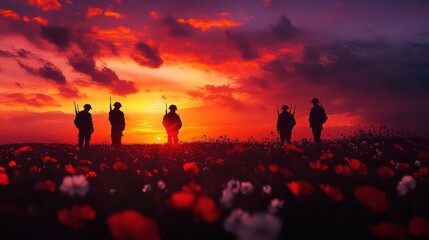 Fototapeta premium Soldiers create a dramatic silhouette as they stand in a field of flowers during a breathtaking sunset, reflecting camaraderie and remembrance at dusk.