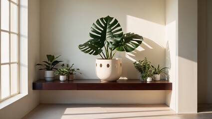 Houseplants Monstera and small potted plants on modern shelf in sunlight