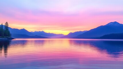 A serene landscape featuring mountains reflected in calm waters at sunset, showcasing vibrant pink and purple hues in the sky.