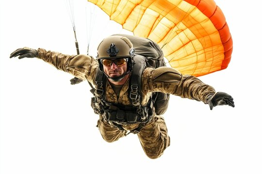 Camouflaged soldier parachuting, orange parachute.