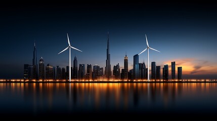 Naklejka premium A panoramic view of a futuristic cityscape powered by clean energy, with large wind turbines and rooftop solar panels blending into the modern architecture, all under a clear sky with a soft 