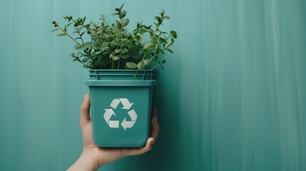 A studio clean light blue background with a writing space features a close-up of a hand holding a green recycling trash can with a logo and a plant sprouting on it, Generative AI.
