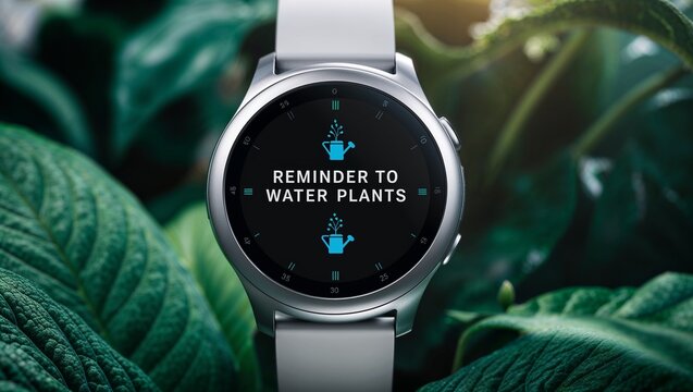 Smartwatch reminder to water plants with leafy background