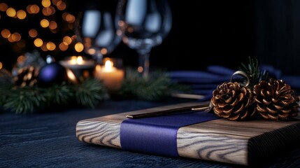 Elegant holiday table setting with dark wood serving board, gold pine cones, and a deep blue ribbon. Candles and a blurred Christmas tree add to the festive ambiance.