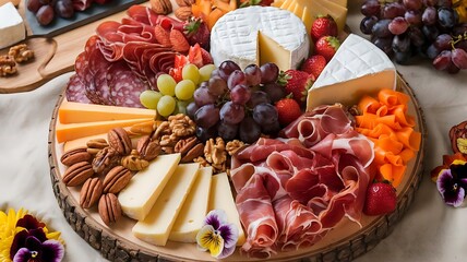 Artisan charcuterie board with cured meats, cheeses, fresh fruits, and nuts arranged on wooden platter with decorative flowers