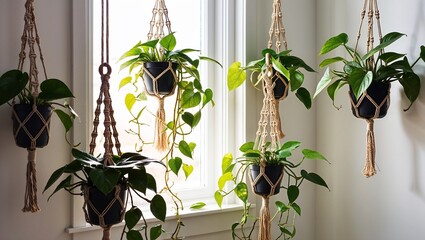 Home decor with plants Hanging macrame planters with lush green vines by window