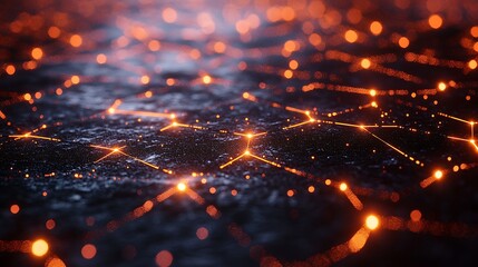 Abstract dark background with glowing orange network connections.