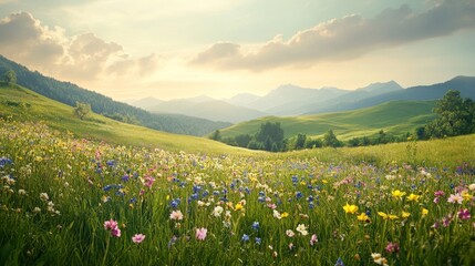 Fototapeta premium A serene landscape featuring a lush meadow filled with colorful wildflowers, surrounded by rolling hills and distant mountains under a soft, cloudy sky.