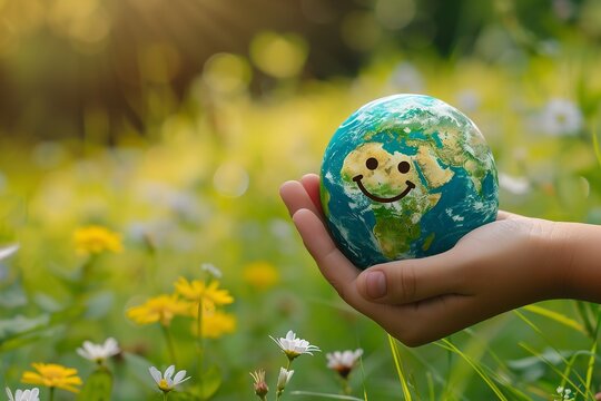A close-up of a hand clutching an earthen bowl with a happy face on it set against a backdrop of trees and abundant textual space, Generative AI.
