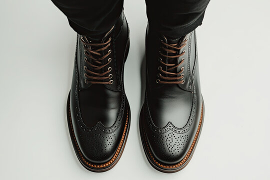 Pair of black leather boots, dress boots for men. Black brogue boots on a white background. Man's legs in black jeans and brown leather boots