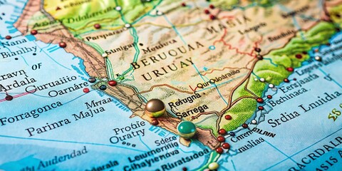 High-Quality Product Photography of a Detailed Map of Uruguay Featuring Major Cities, Landmarks, and Geographic Features for Travel and Education Purposes