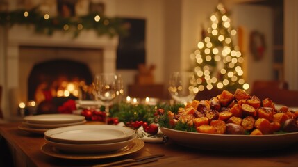 Naklejka premium Festive Dinner Table with Roasted Vegetables, Decorated Christmas Tree, and Warm Ambiance During Yuletide Celebration in Cozy Living Room