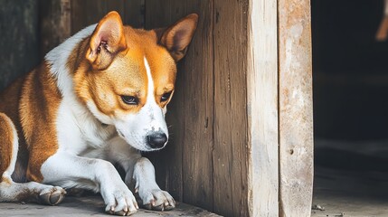 A dog sitting patiently by a closed wooden door, waiting to be let inside. 