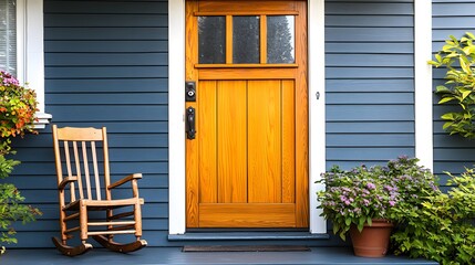 Obraz premium A front porch scene with a wooden door and a rocking chair beside it. 