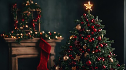 Christmas Tree Decorated with Red Ornaments and Gold Stars