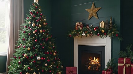 Festive Christmas Decor with Fireplace, Garland, and Tree