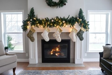 Cozy Christmas Fireplace Decor with Stocking and Garland
