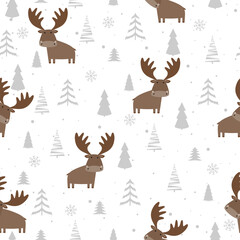 Seamless vector pattern with moose, Christmas tree and snow. Hand drawn winter forest landscape.