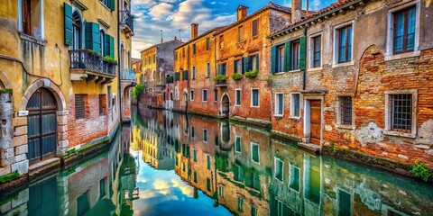Obraz premium Horizontal View of Historic Peeling Brick Buildings Along a Venetian Canal with Reflections in the Water, Capturing the Charm of Old World Architecture in a Candid Style