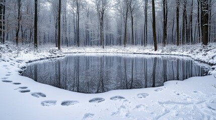Obraz premium Serene Snowy Landscape Featuring a Small Frozen Lake Surrounded by Majestic Trees in a Winter Wonderland Setting