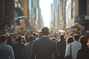 Anonymous Crowd City Street Businessman Back View, Sunlight
