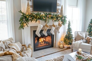 Cozy Fireplace Decor with Christmas Stocking and Garland