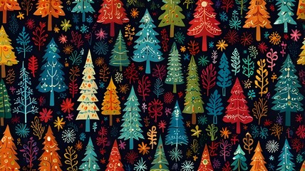  A festive Christmas greeting card design featuring elegant typography that reads "Merry Christmas and Happy New Year," surrounded by a seamless pattern of pine trees, colorful Christmas balls.