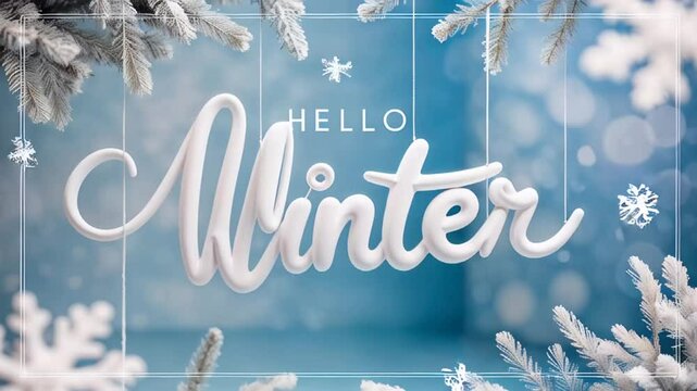 inscription hello winter, fir tree branches, snowflakes
