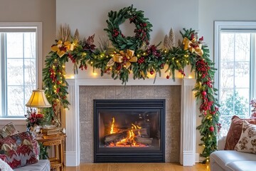 Cozy Fireplace Decorated with Christmas Garland and Wreath
