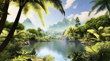 Obraz premium A beautiful tropical landscape with a large body of water and palm trees